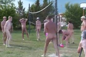 European nudists play volleyball