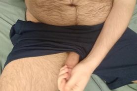 Hairy chubby guy pulls big dick out of shorts and dirty talks