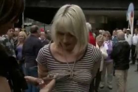 Blonde with zebra dress tied hard gets fingered in public before