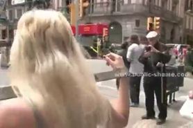 Busty blonde sex slave made to fuck outdoor in public sex by sa