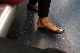 Preview - Blonde girl shoeplay and dangling on train(Candid)