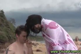 Aussie girl invites beach guy to join threesome