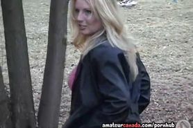 Blonde big boobs wife flashing in public park bench