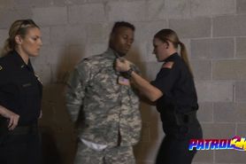 Black guy in army uniform fucks in threesome with couple of slutty female cops