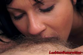 Hairy les grandma pussylicked in closeup