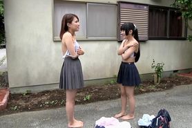 Subtitled Japanese teens strip rock paper scissors outside