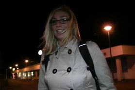Blonde with glasses sucks huge dick in public