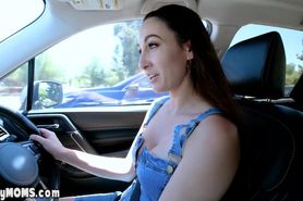 Busty MILF stepmom welcoming son with a blowjob in the car