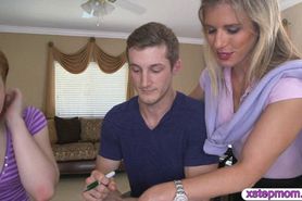 Horny stepmom joining in with teen couple for threesome fuck