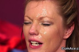 Kinky idol gets jizz shot on her face sucking all the sperm