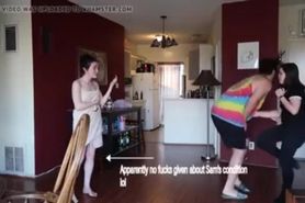 Girlfriend And Her Friend Trick Guy For Hard Ballbusting Knee On Video.