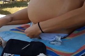 Real amateur wife play with her butt plug in beach bar public voyeur