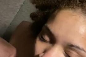 Cute curly head redbone takes cum to the face