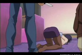 Tied up hentai doll on knees blowing cock