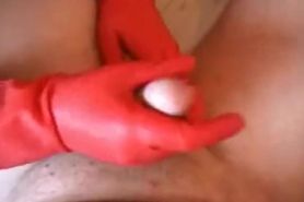Red Rubber Gloves Handjob