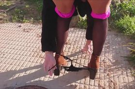 outdoor public toilet fingers and flashing in stockings and big fur coat