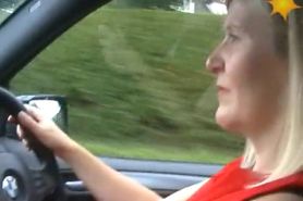 Wife Driving Car Flashes Her Stockings