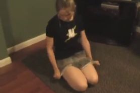 Blonde girlfriend sitting and masturbating on the floor