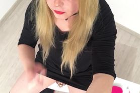 Blonde sissy smokes a cigarette and plays with dick in chastity
