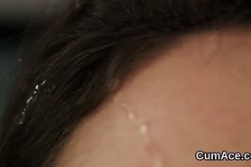 Naughty bombshell gets sperm load on her face eating all the cream - video 1
