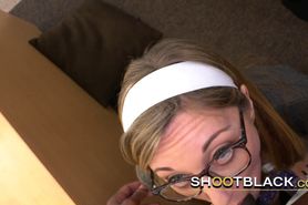 Nerdy chick with glasses takes directors cock in doggystyle