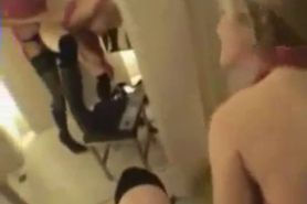 Two super hot blondes fucking with a strap-on in a changing room
