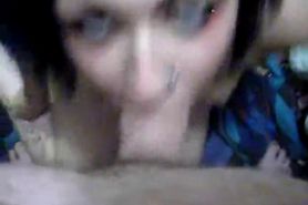 pierced blue girl with blue hair sucks cock and messes up her makeup
