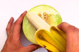 Wet juicy melon gets brutally fingered and fucked  by rough banana until gaping