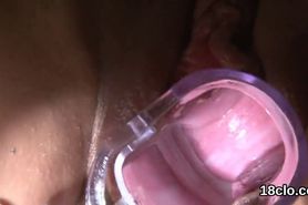 Ideal girl is gaping pink twat in closeup and having orgasm