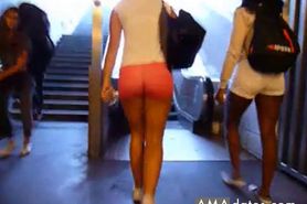 Black  White Girl Walking Juicy bums in Tight Pink Shorts