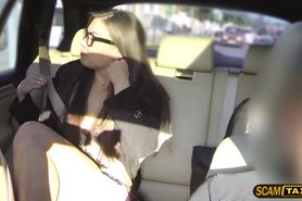 Charming geek woman loves pussy slamming inside the cab