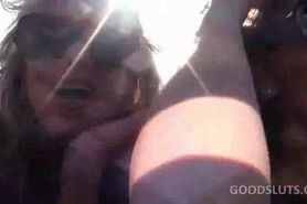 Blonde hot ex-girlfriend flashing sexy tits in the car