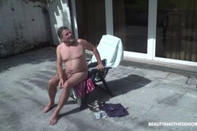 Senior Citizen Enjoys Fresh Pussy in the Backyard