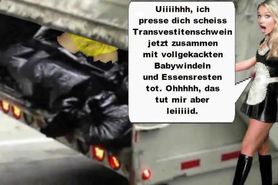 Sexy Latex Maid Girls pressen scheiss Transvestitenschwein mit Hausmuell in Muellpresswagen tot GeilxD