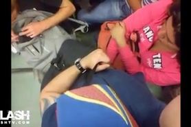 Woman graps mens cock on bus