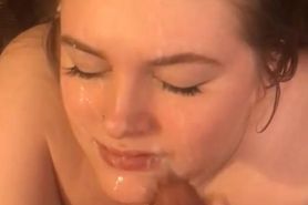 Yogurt Queen gets a huge facial after milking out cum all over her own hot face