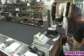 Horny pawnshop owners asks sexy ass babe to suck his cock over the counter
