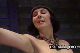 Bdsm brunette placed on speaky wood with all weights on her pussy