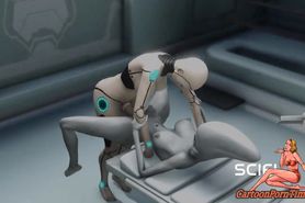 Sci-fi female android fucks an alien in surgery room in the