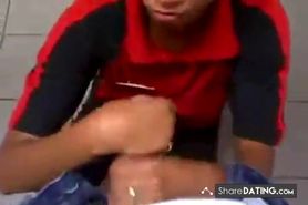 Cashier gives a random guy a public bathroom blowjob - video 2