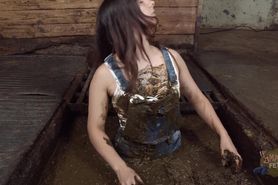 teen Girl playing in Farm mud and gets filthy