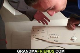 Two repairmen share busty very old granny
