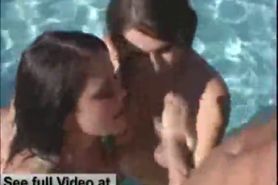 Two hot Pornstars share a dick poolside