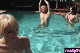Petite teens fucked by a crazy friend at a pool party