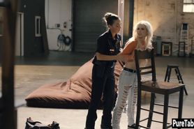 Nasty blonde got caught by a bad busty lesbian cop