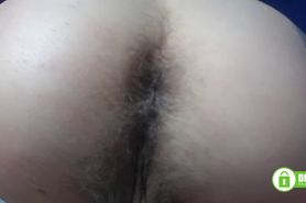 Close up view of big hairy ass fingering and gaping in doggy