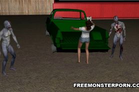 Sexy 3D Toon Babe Double Teamed Outdoors by Zombies
