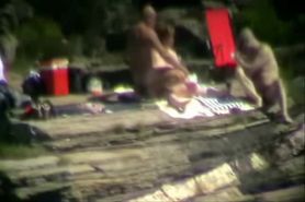 Mature threesome outdoor caught by voyeur