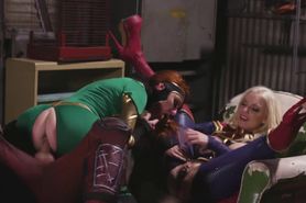 Busty pornstars in Captain Marvel parody sucking a cock of Spiderman