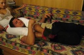 miXed wrestling-scissored captive knockout on couch